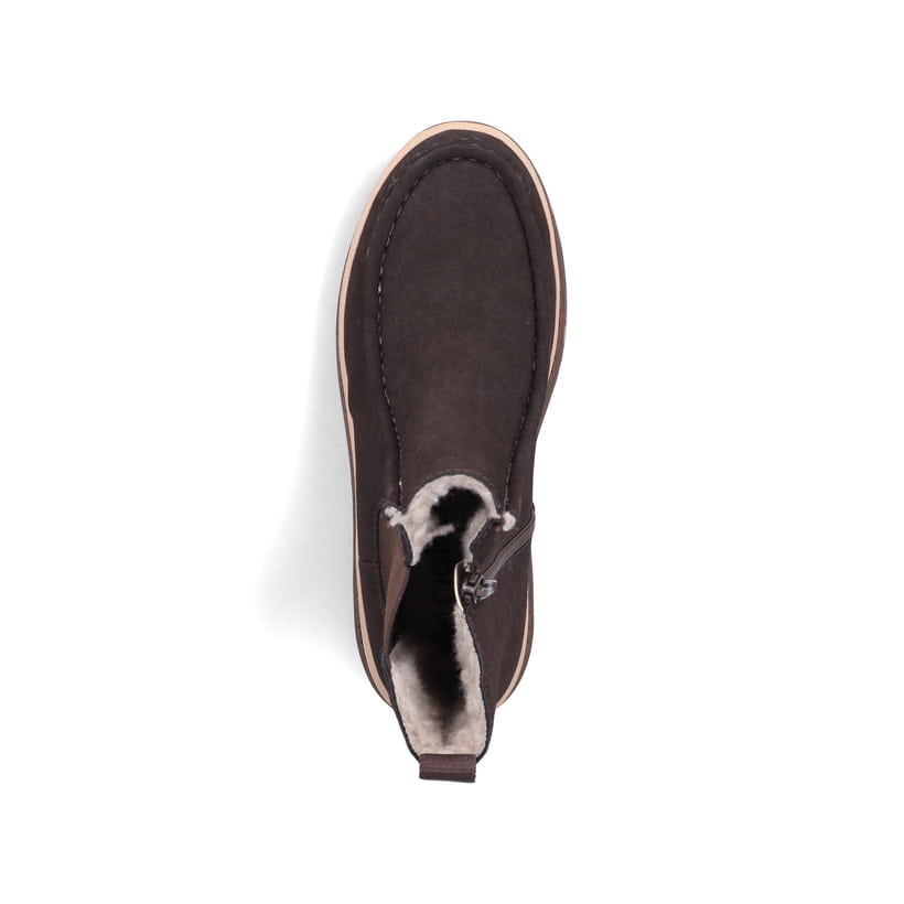 Dunkelbraun-beige Rieker Damen Chelsea Boots Y6272-25 mit einem Reißverschluss. Schuh von oben.