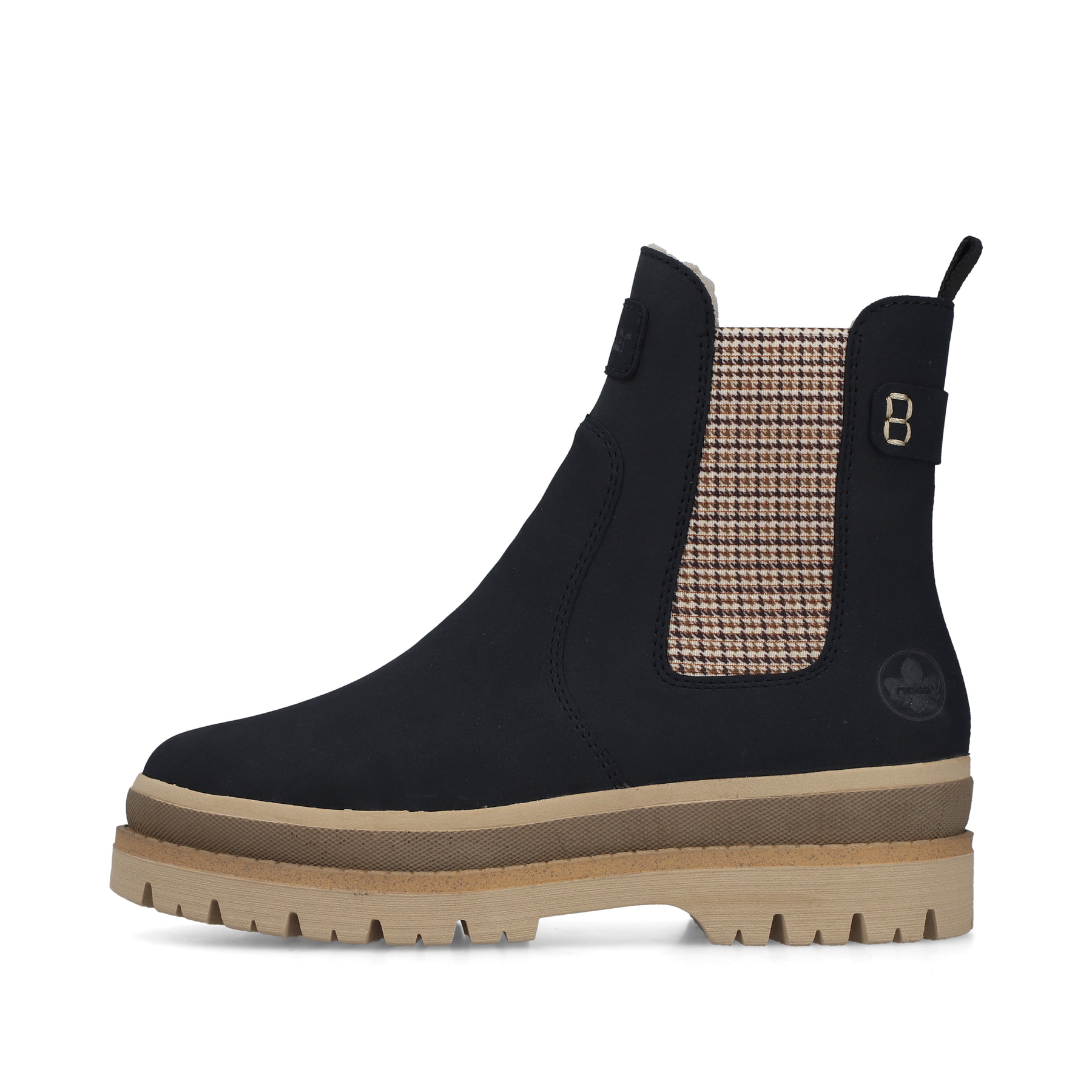 Dunkelblau-beige Rieker Damen Chelsea Boots Y6260-14 mit einem Reißverschluss. Schuh Außenseite.