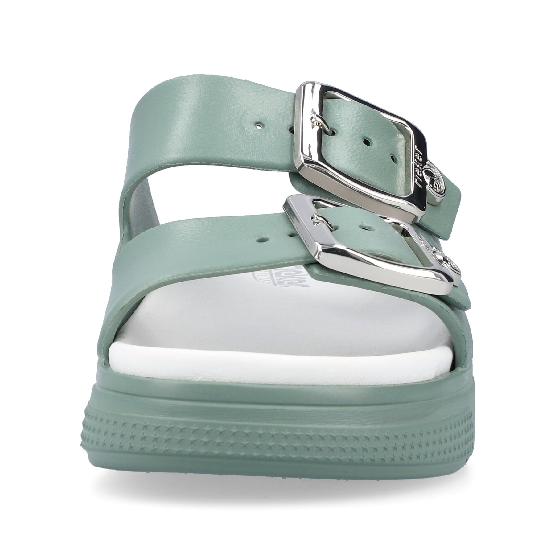 Grüne Rieker Damen Pantoletten P2180-52 mit Schnalle sowie einer flexiblen Sohle. Schuh von vorne.