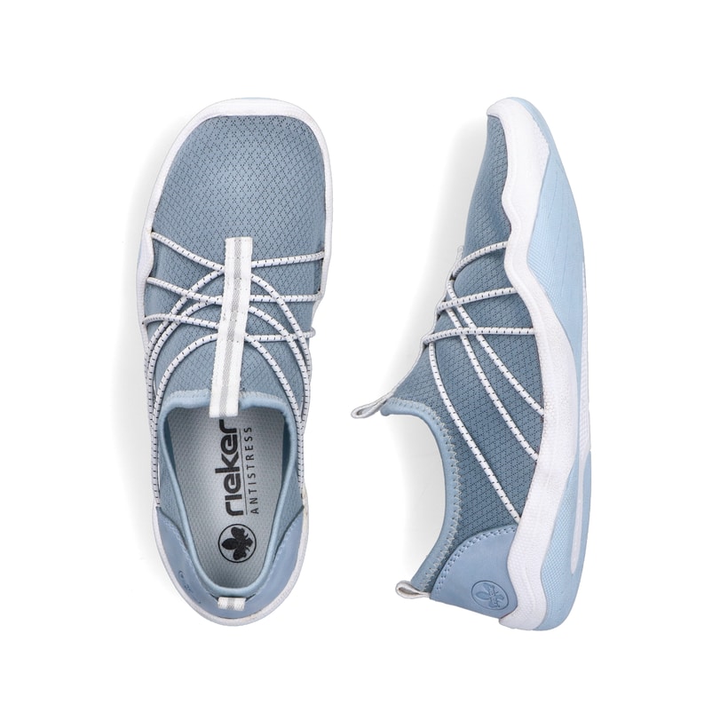 Blaue vegane Rieker Damen Slipper 45260-10, Barfußschuhe mit einem Gummizug. Schuh von oben, liegend.