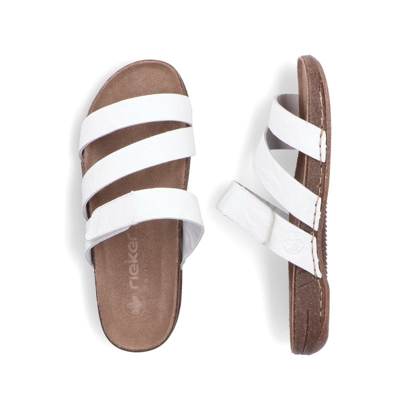 Weiße Rieker Damen Pantoletten 61450-80 mit einem Klettverschluss. Schuh von oben, liegend.