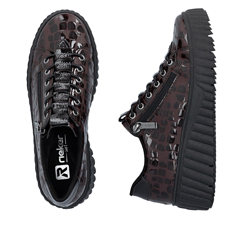 Dunkelbraune Rieker Damen Sneaker Low N2555-25 mit einem Reißverschluss. Schuh von oben, liegend.