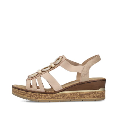 Rosane Rieker Keilsandaletten 63778-31 mit Schmuckelementen sowie einem Gummizug. Schuh Außenseite.