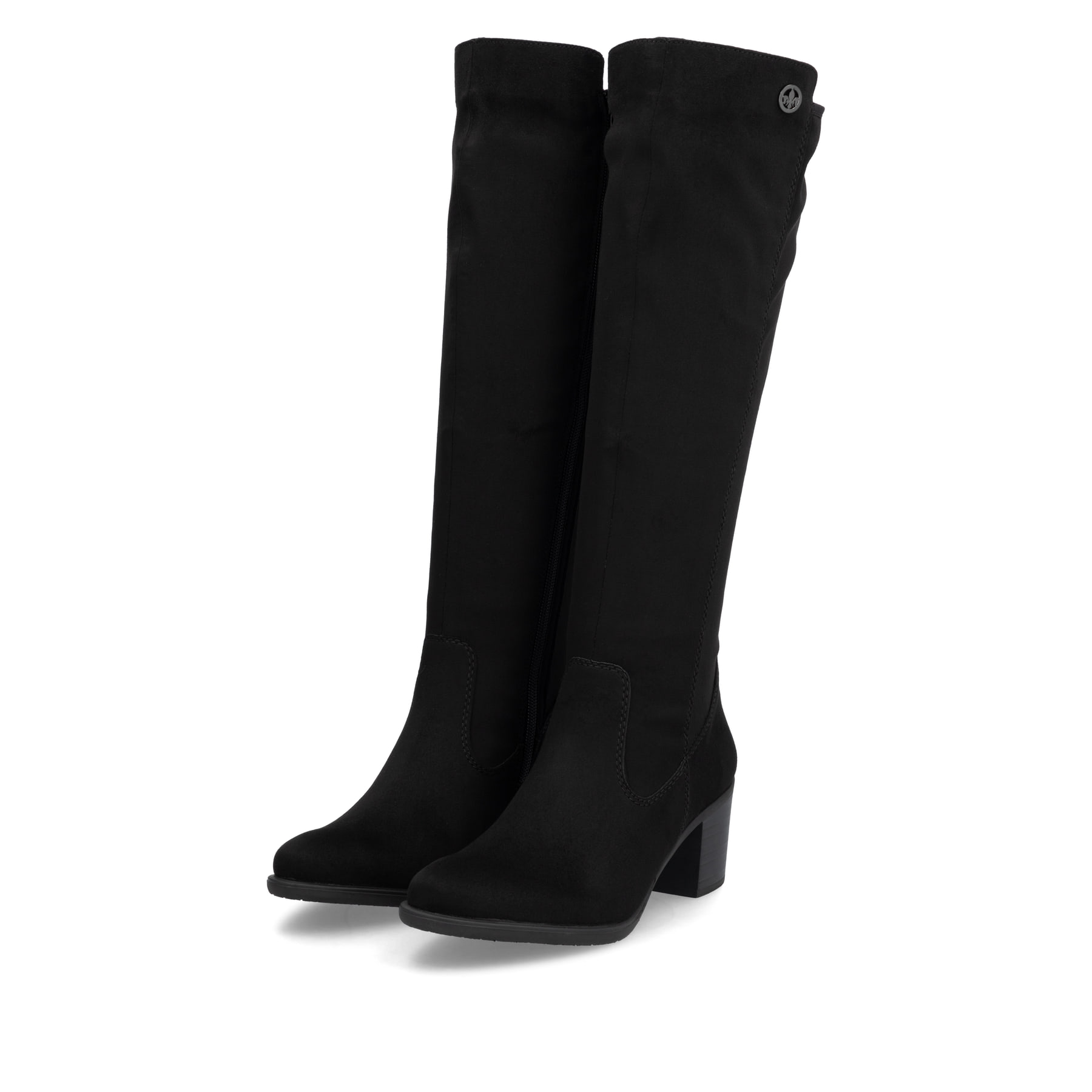 Schwarze Rieker Damen Hochschaftstiefel Y2050-01 mit einem Reißverschluss. Schuhpaar seitlich schräg.