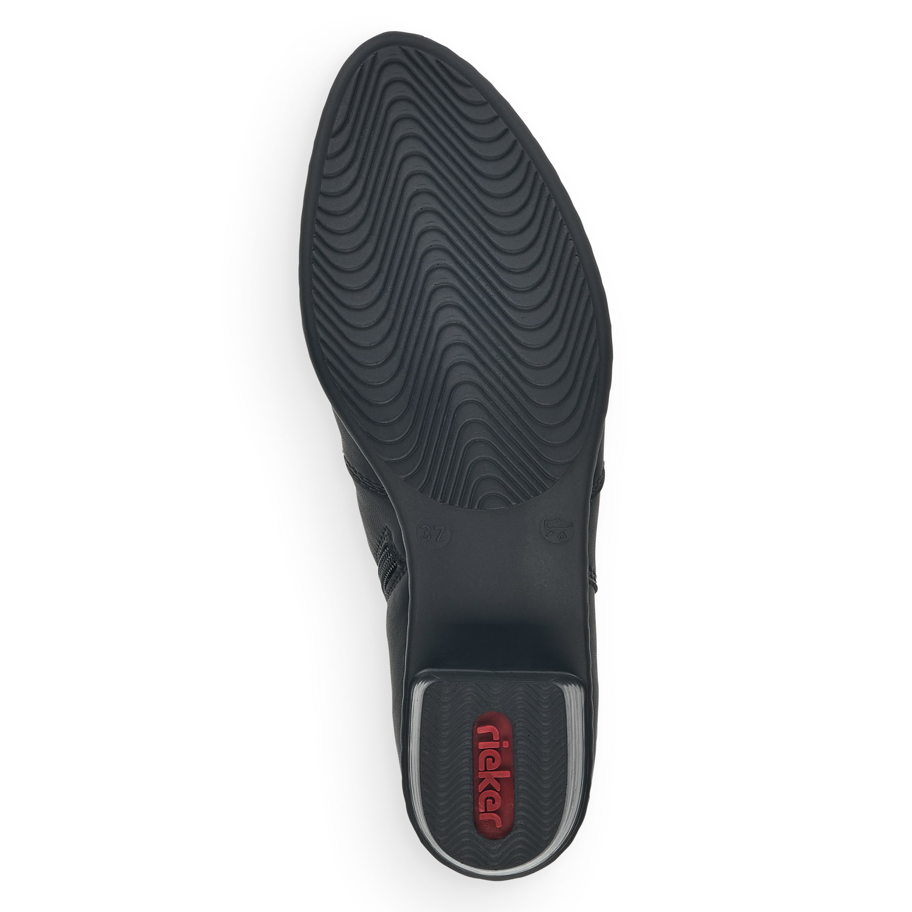 Tiefschwarze Rieker Damen Stiefeletten Y0782-01 mit Reißverschluss sowie Blockabsatz. Schuh Laufsohle