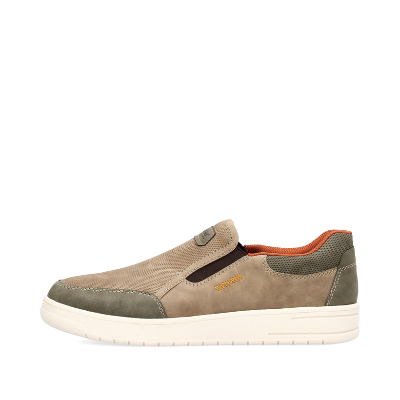 Beige Rieker Herren Slipper B7853-64 mit Elastikeinsatz sowie Komfortweite G 1/2. Schuh Außenseite.
