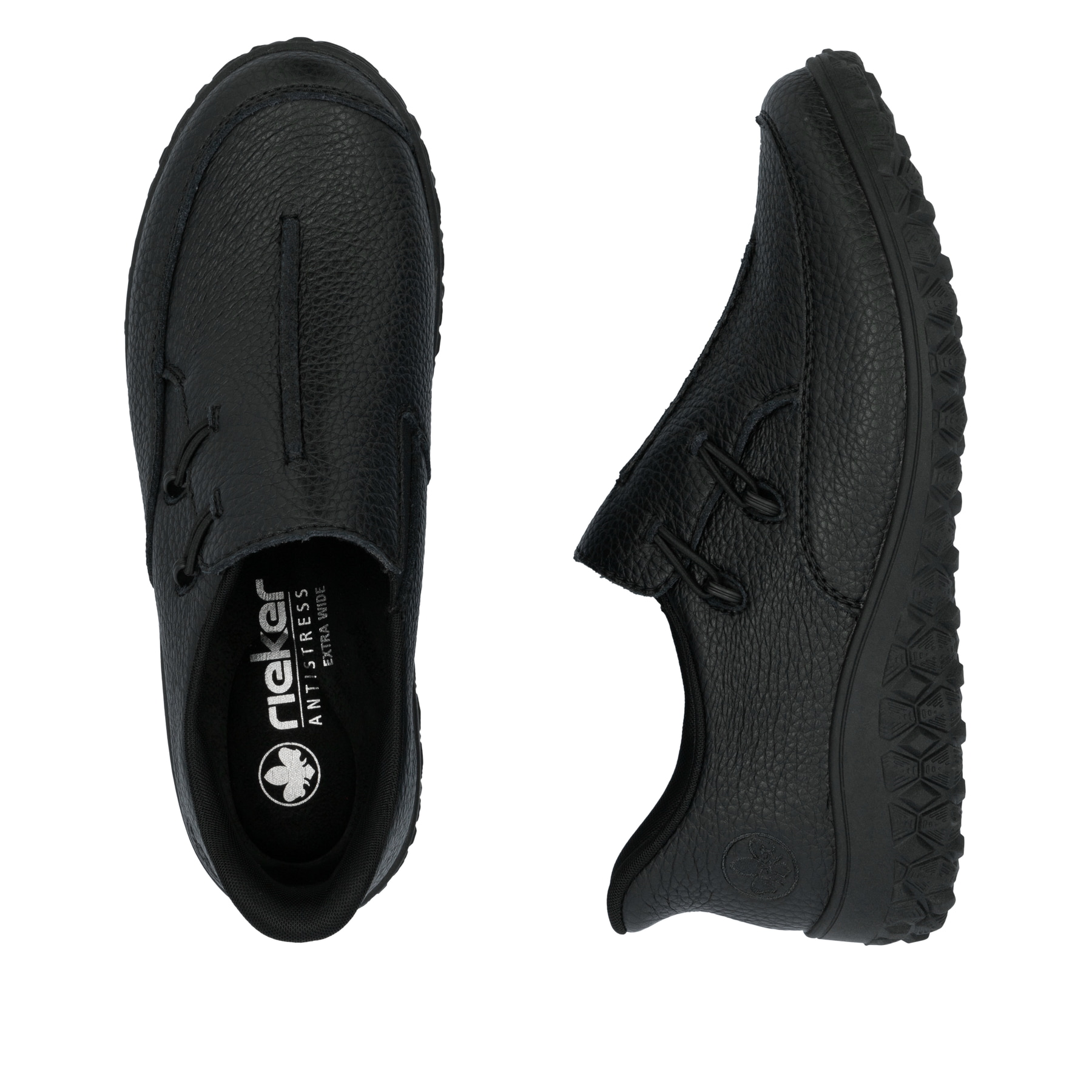 Schwarze Rieker Damen Slipper 59559-00 aus Glattleder. Schuh von oben, liegend.