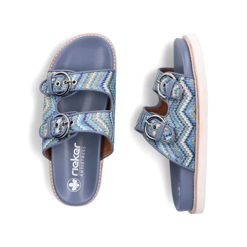 Mehrfarbige Rieker Damen Pantoletten V9584-91 mit einem Schnallen. Schuh von oben, liegend.