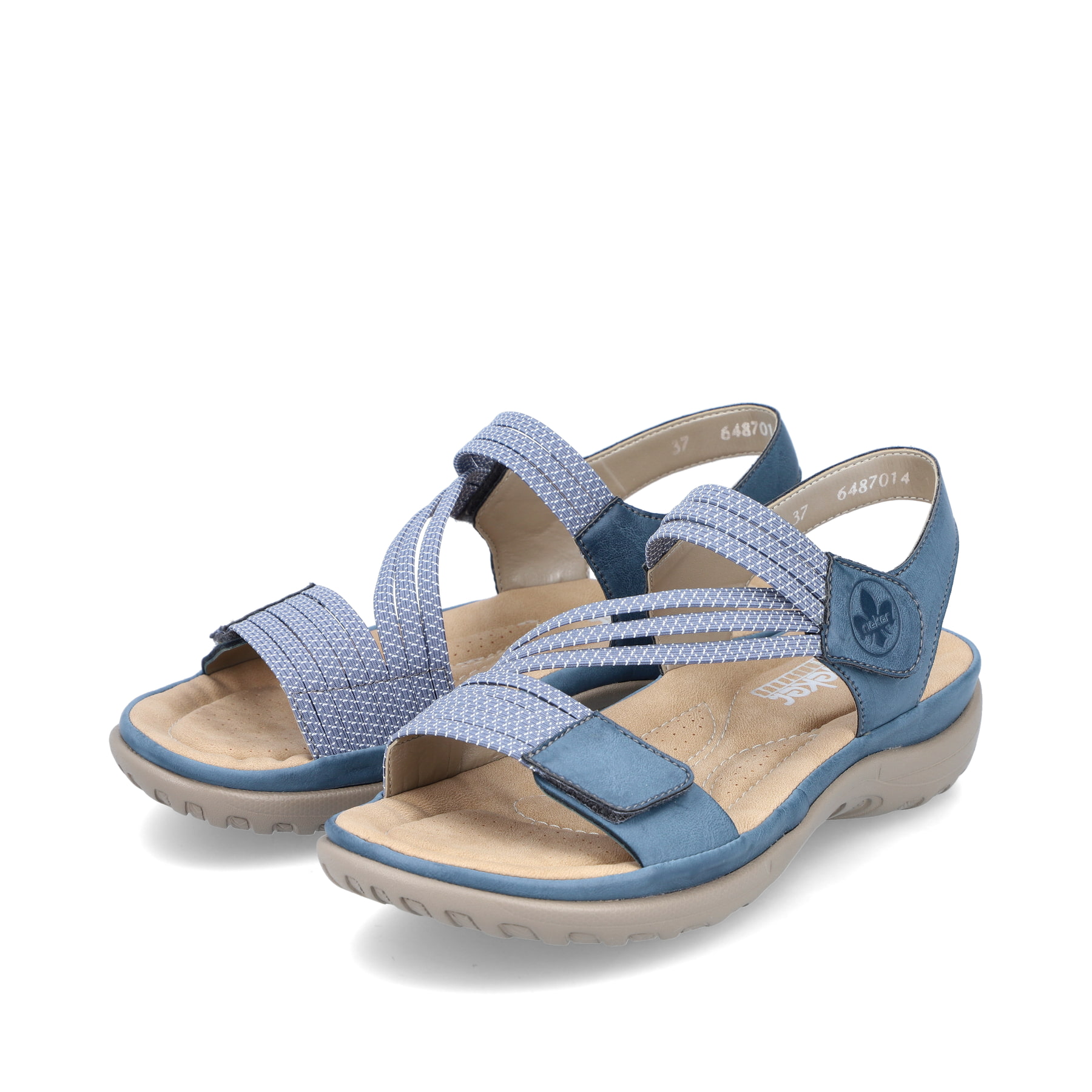 Blaue vegane Rieker Damen Trekkingsandalen 64870-14 mit einem Klettverschluss. Schuhpaar seitlich schräg.