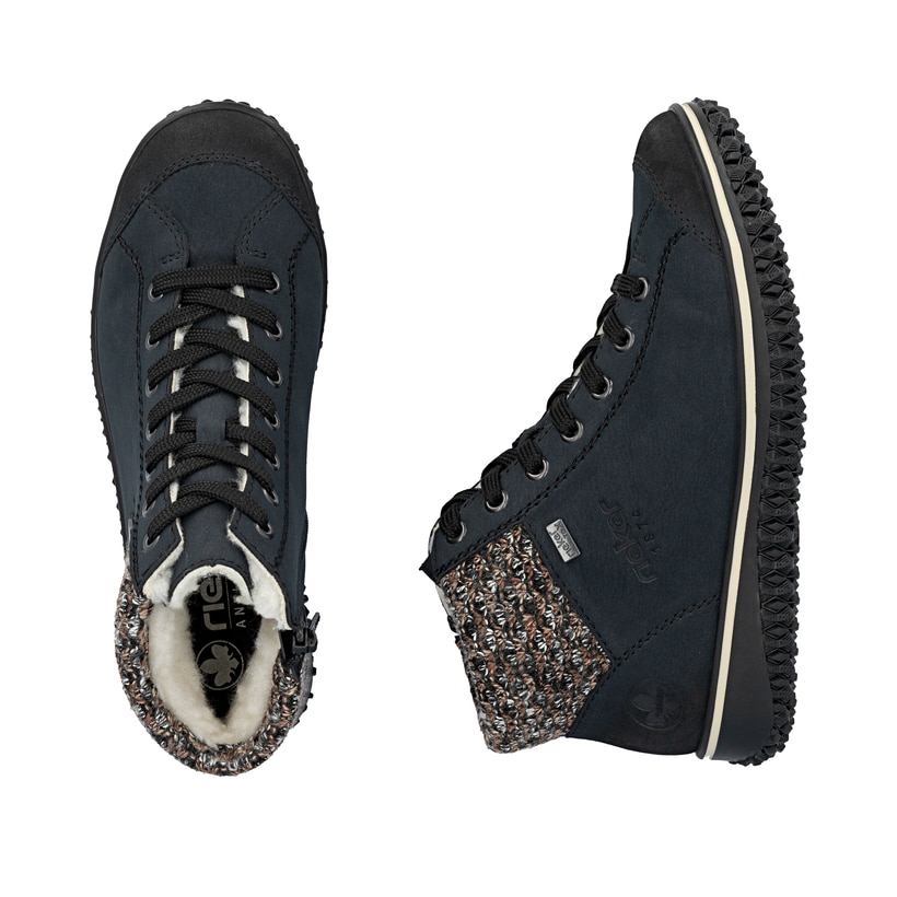 Blaue Rieker Damen Schnürstiefel Z4243-14 mit wasserabweisender TEX-Membran. Schuh von oben, liegend.