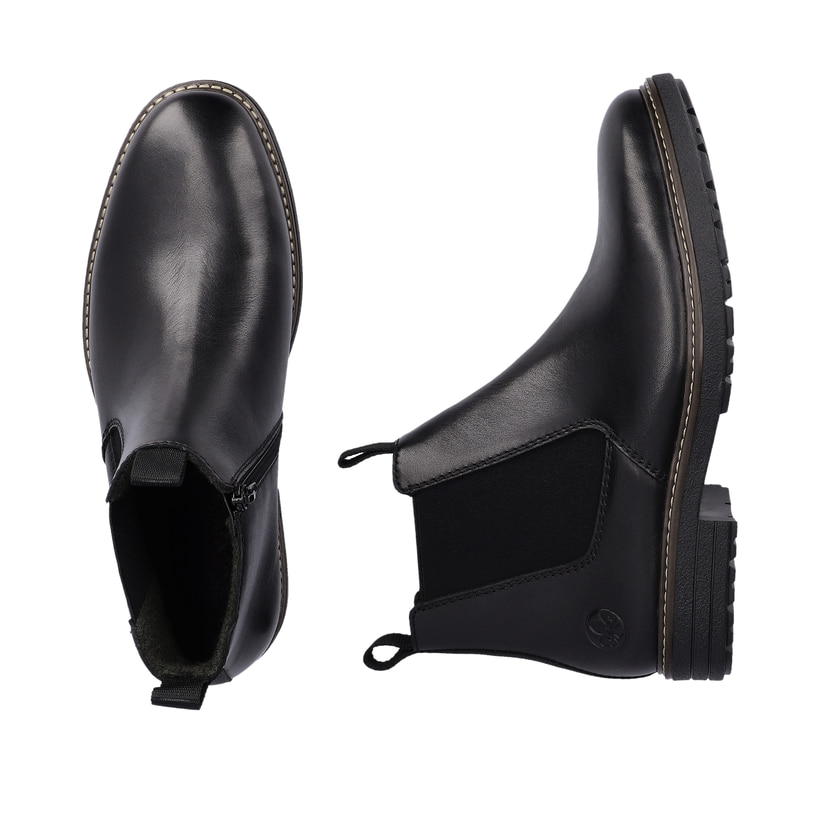Schwarze Rieker Herren Chelsea Boots 33180-00 aus Glattleder mit Reißverschluss. Schuh von oben, liegend.