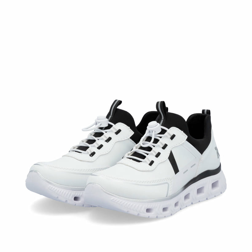Weiße vegane Rieker Damen Sneaker Low M6062-80 mit einem Gummizug. Schuhpaar seitlich schräg.