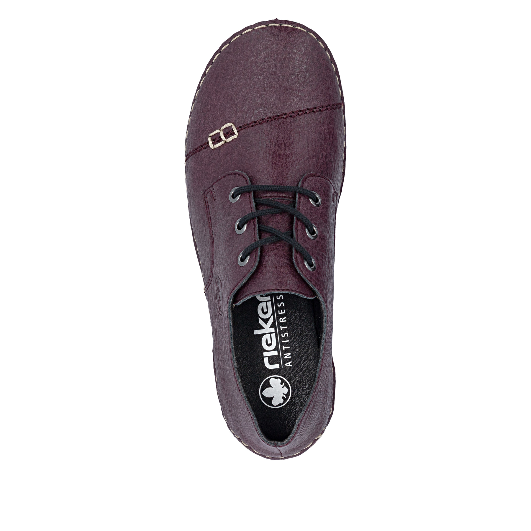 Brombeerfarbene Rieker Damen Schnürschuhe 55920-30 mit modernen Ziernähten. Schuh von oben.