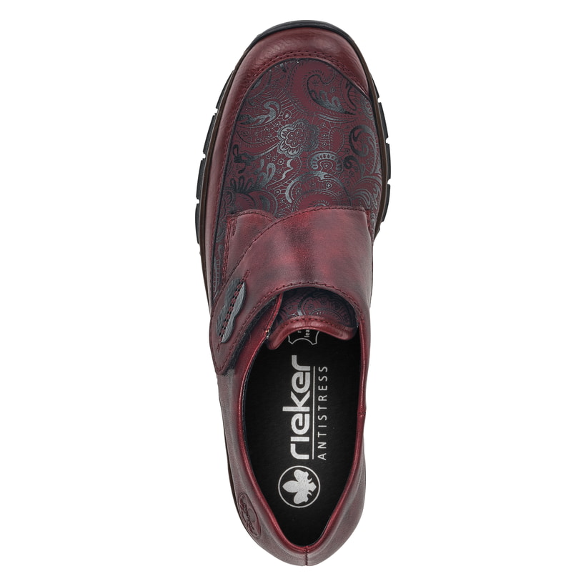 Mocassins Rieker rouges femme 537C0-35 en cuir lisse avec motif cachemire. Semelle extérieure de la chaussure.