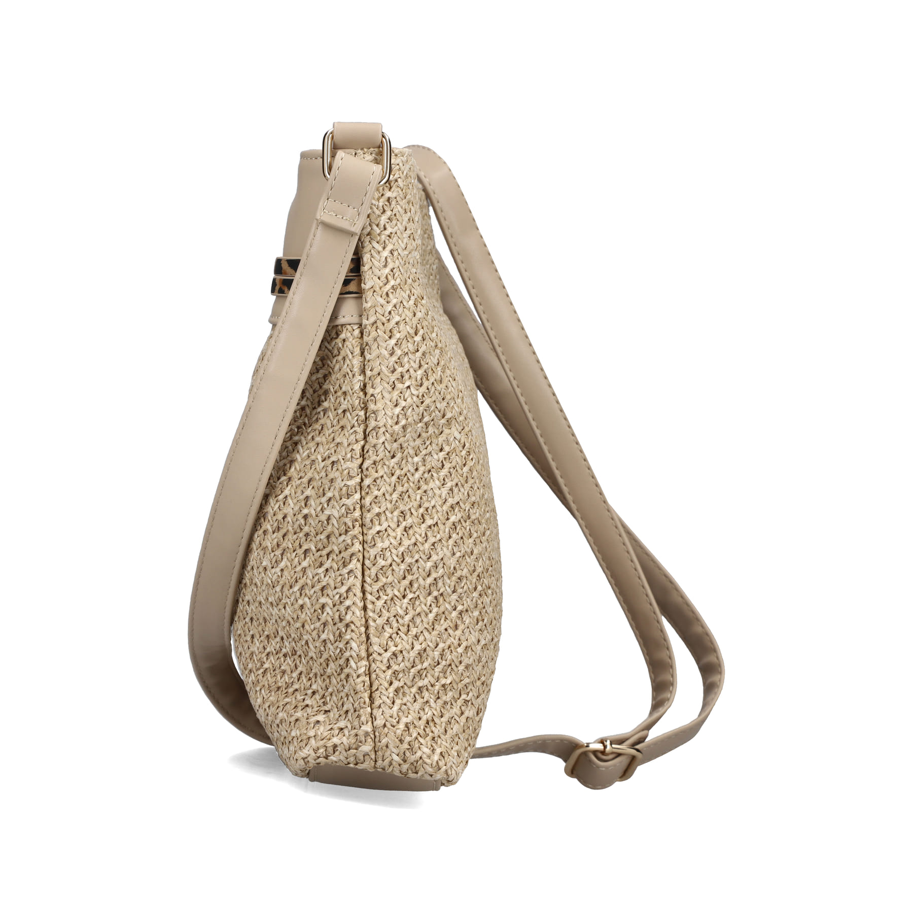 Sac à main Rieker H1519-65 beige avec aspect raphia, fermeture éclair et bandoulière réglable. Côté droit.