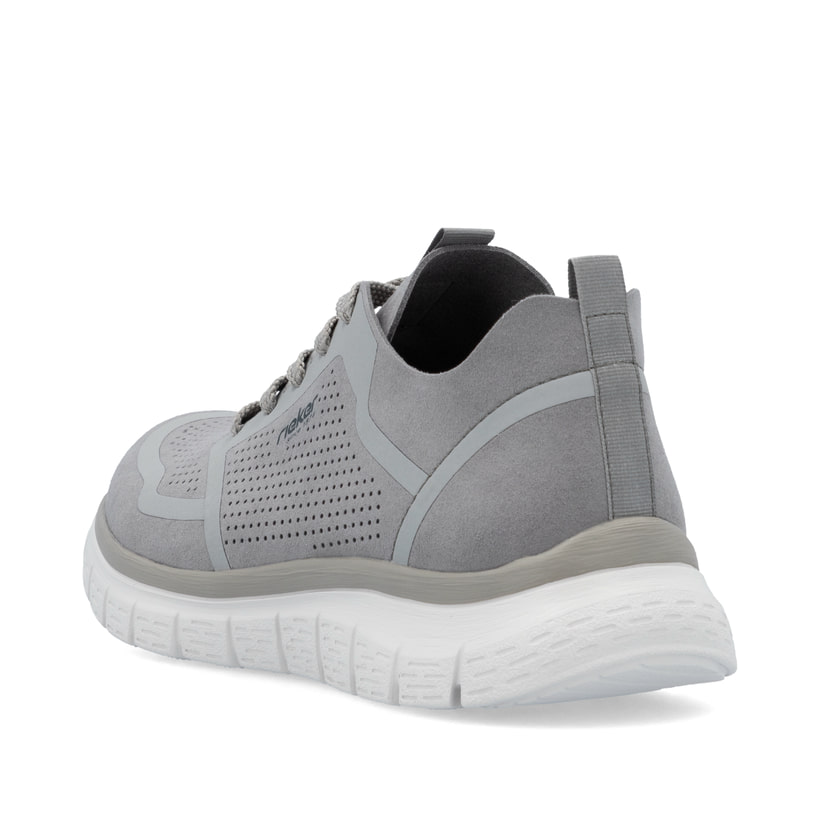 Graue Rieker Herren Sneaker Low B6600-42 mit Schnürung sowie Komfortweite G 1/2. Schuh von hinten.