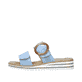 Blaue Rieker Damen Pantoletten V0692-10 mit trendiger Schnalle. Schuh Außenseite.