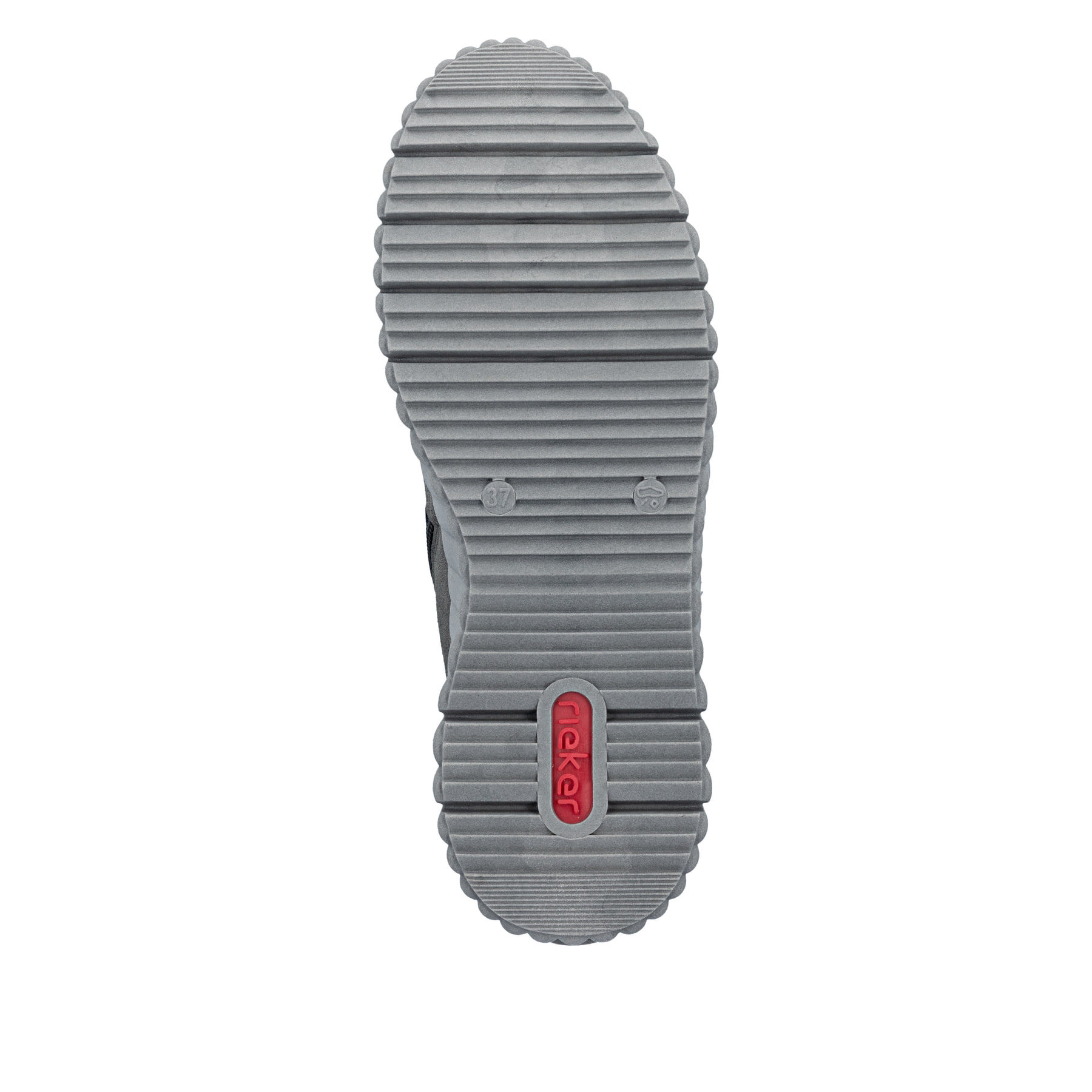 Dunkelgraue Rieker Damen Sneaker High N2515-45 mit Teddyfell-Details. Schuh Laufsohle.