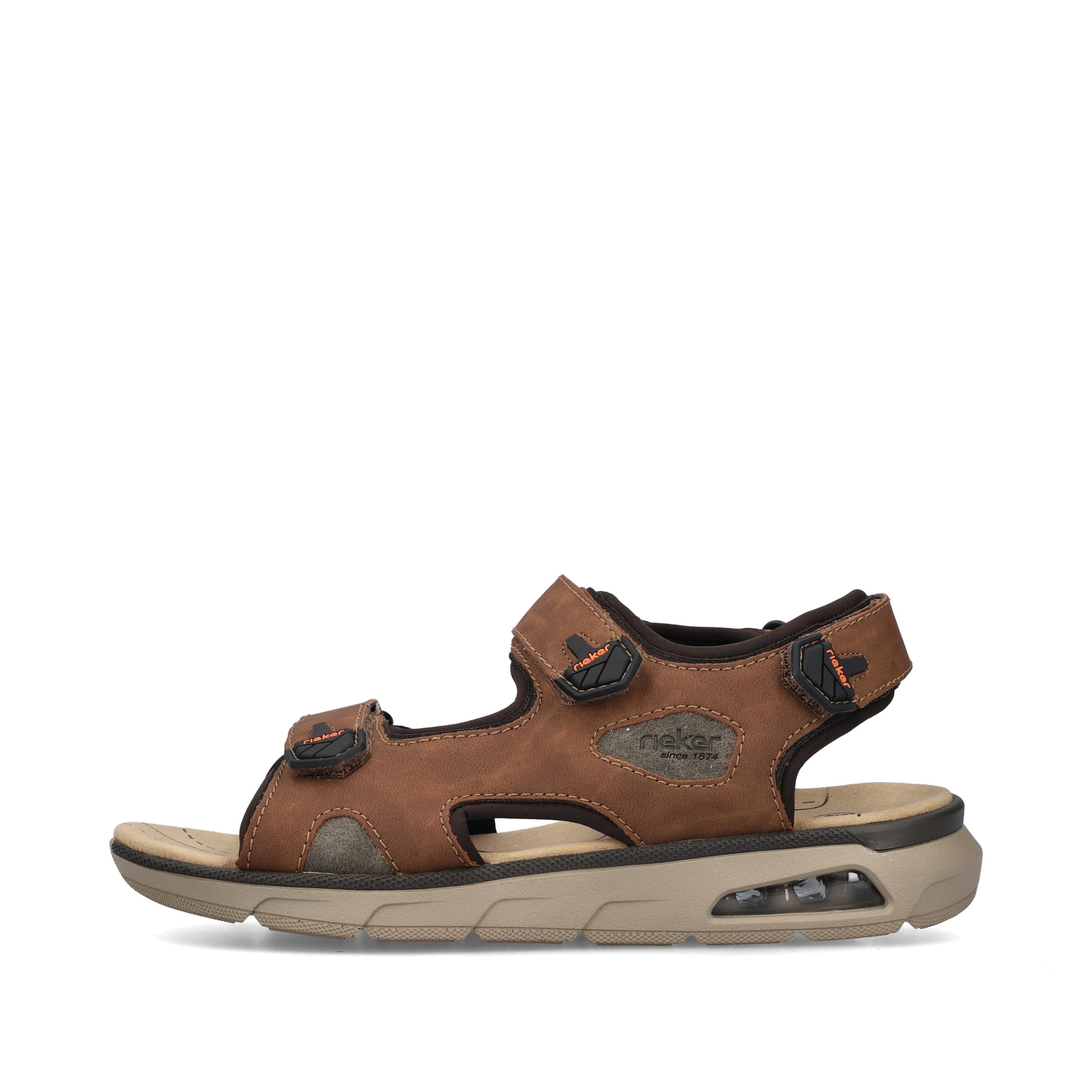 Braune Rieker Herren Trekkingsandalen 29151-24 mit Rieker Air Sohlenfenster. Schuh Außenseite.