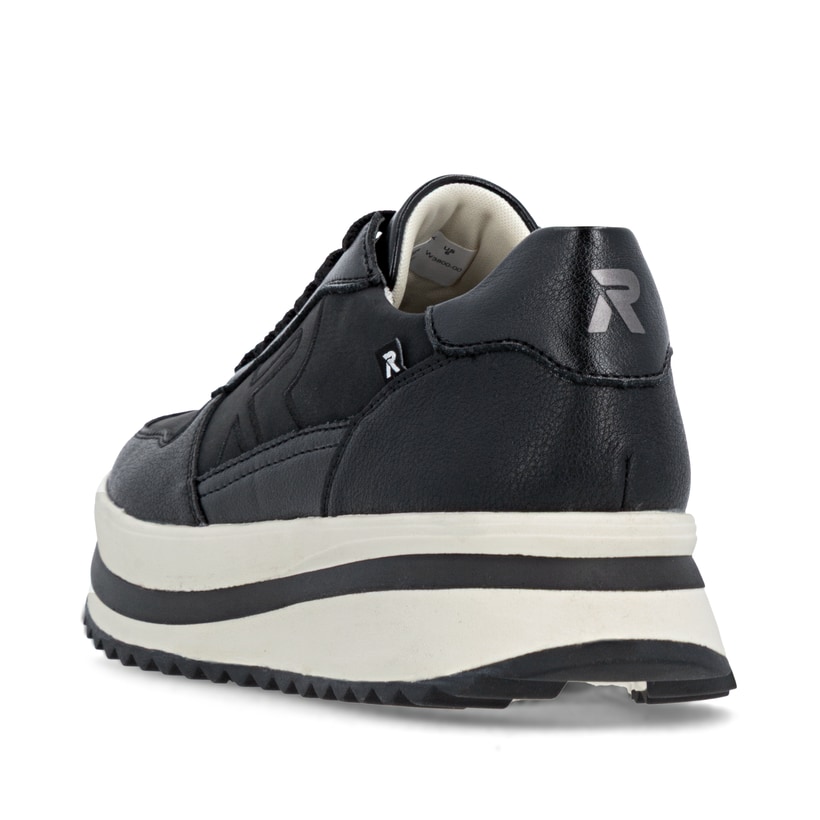 Schwarze Rieker Damen Sneaker Low W3800-00 aus Glattleder mit einer Schnürung. Schuh von hinten.