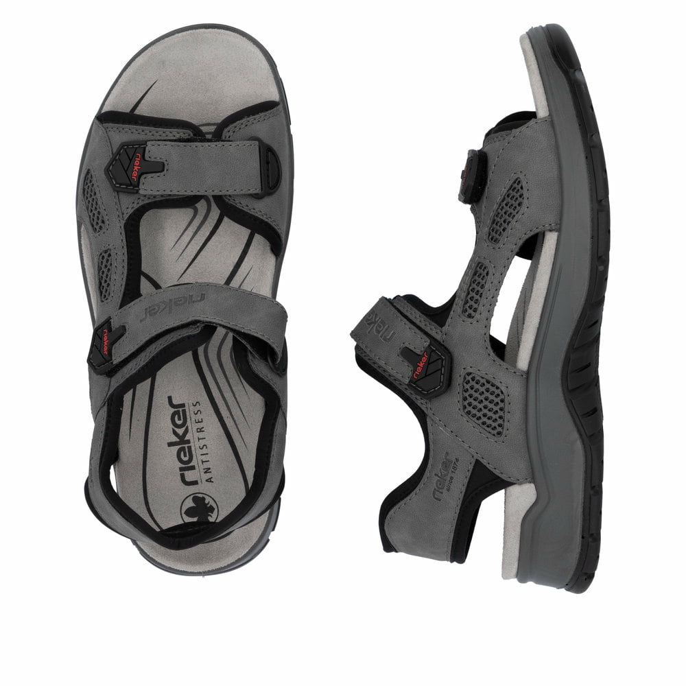 Graue Rieker Herren Trekkingsandalen 26955-42 mit einem Klettverschluss. Schuh von oben, liegend.