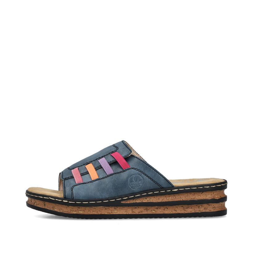 Blaue Rieker Damen Pantoletten 62970-14 mit einem Gummizug. Schuh Außenseite.