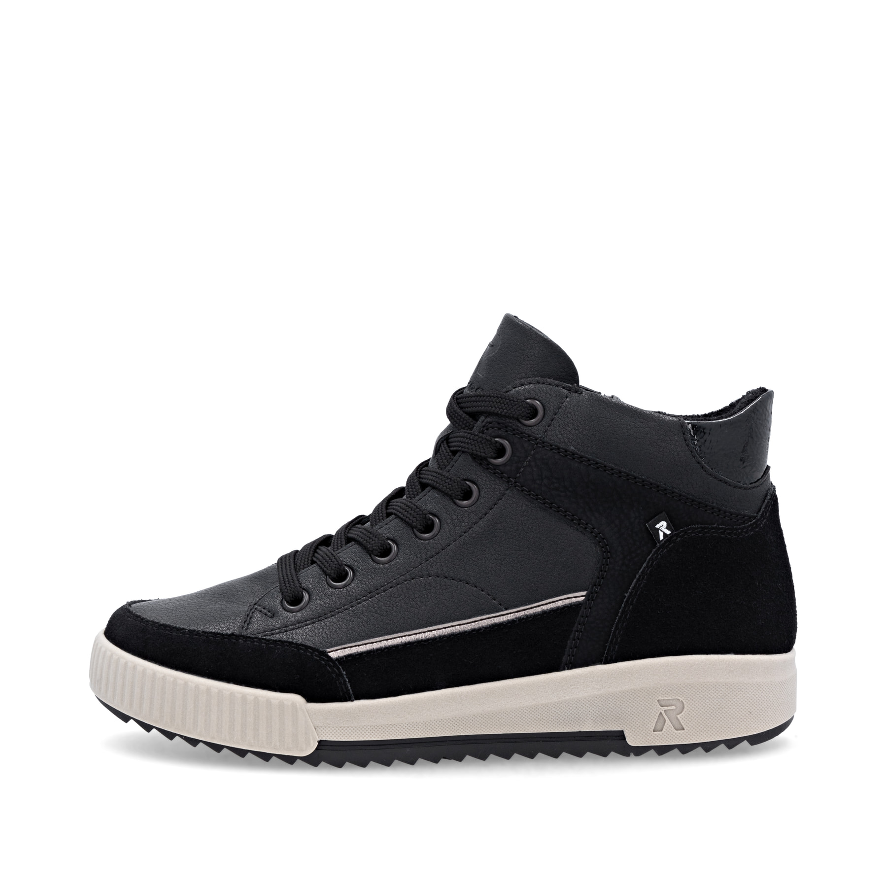 Schwarze Rieker Damen Sneaker High W0171-00 aus Glattleder mit Reißverschluss. Schuh Außenseite.