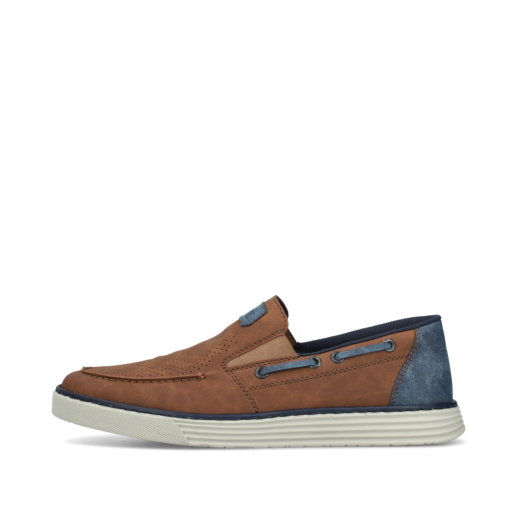 Mocassins marron Rieker pour hommes B2264-24avec une couture moderne et un élastique. Côté extérieur de la chaussure.