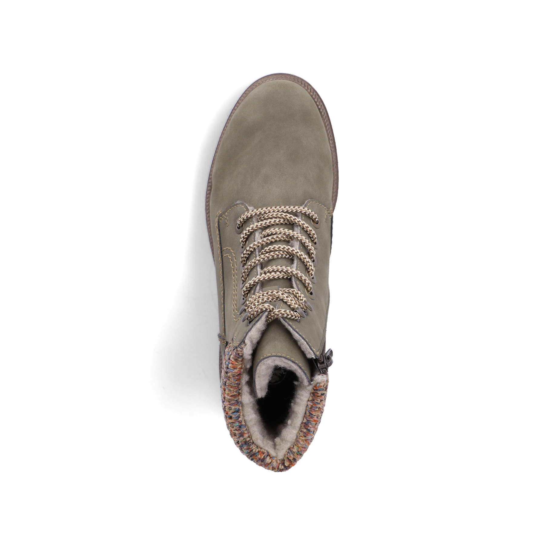 Hellgrüne Rieker Damen Schnürstiefel Y7621-54 mit Strick-Kragen. Schuh von oben.