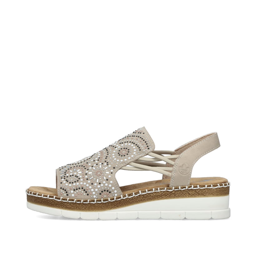 Beige Rieker Damen Sandalen V1246-62 mit Strasssteinen sowie einem Gummizug. Schuh Außenseite.