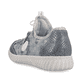 Blaue Rieker Damen Slipper N0963-12 mit Gummischnürung sowie verwaschenem Look. Schuh von hinten.