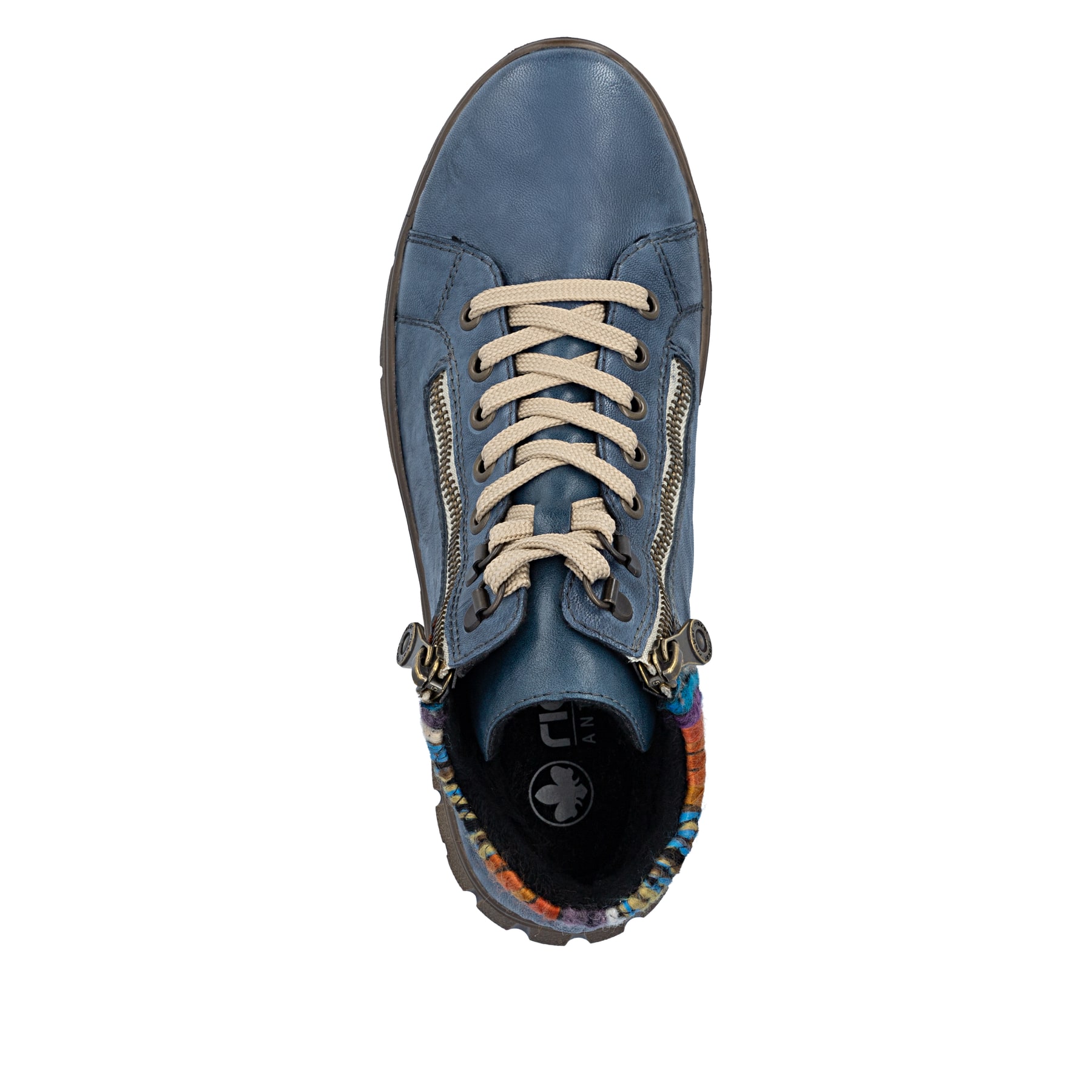 Blaue Rieker Damen Schnürstiefel N1305-14 aus Glattleder. Schuh von oben.