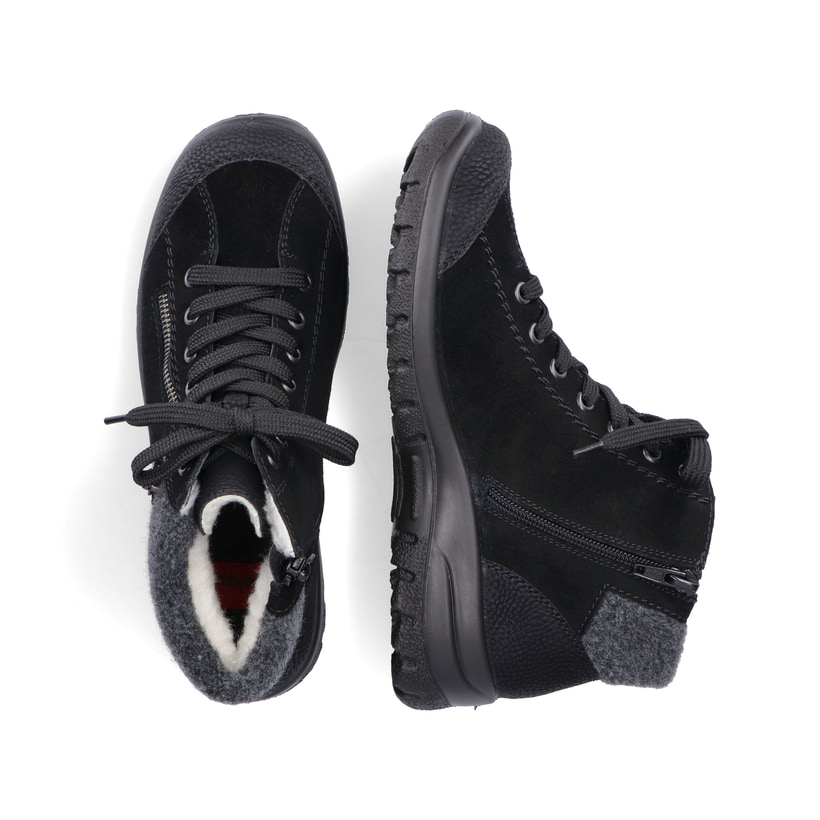 Schwarze Rieker Damen Schnürstiefel L7132-01 aus Rauleder. Schuh von oben, liegend.