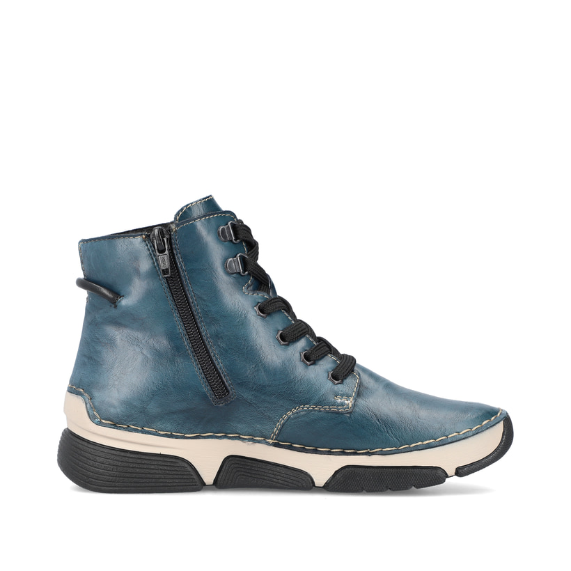 Cyanblaue Rieker Damen Schnürstiefel 45943-12 mit einer schockabsorbierenden Sohle. Schuh Innenseite
