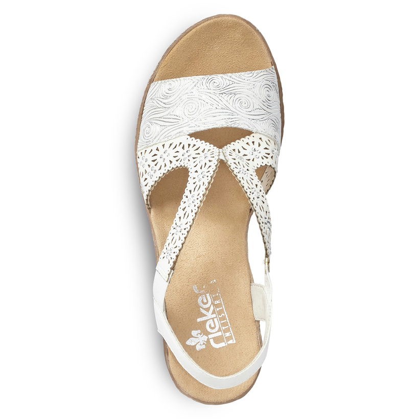 Weiße Rieker Keilsandaletten 61916-80 mit Strasssteinen sowie einem Gummizug. Schuh von oben.