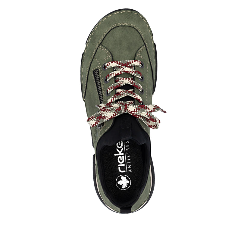 Mocassins Rieker verts pour femme 45973-54 avec bande élastique. Chaussure vue de dessus.
