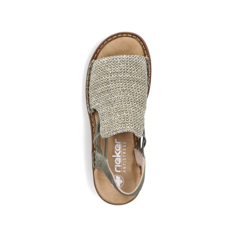 Grüne Rieker Damen Riemchensandalen 60843-52 mit einem Gummizug. Schuh von oben.