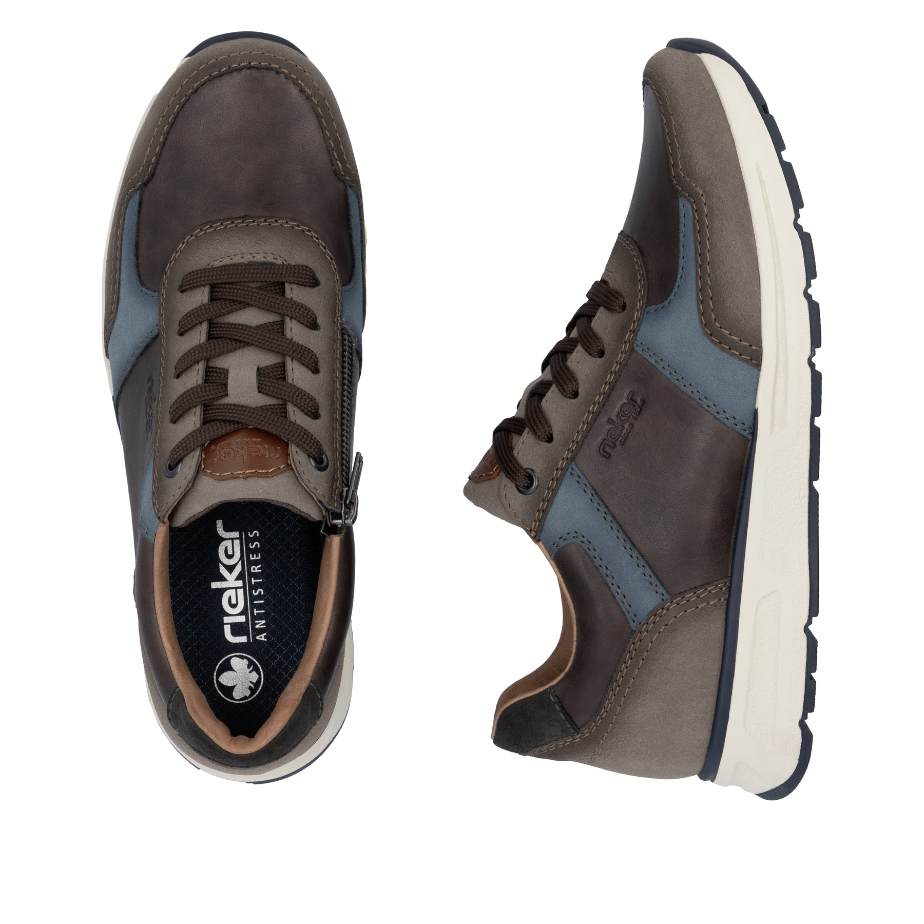 Braune Rieker Herren Sneaker Low B0704-25 mit einem Reißverschluss. Schuh von oben, liegend.