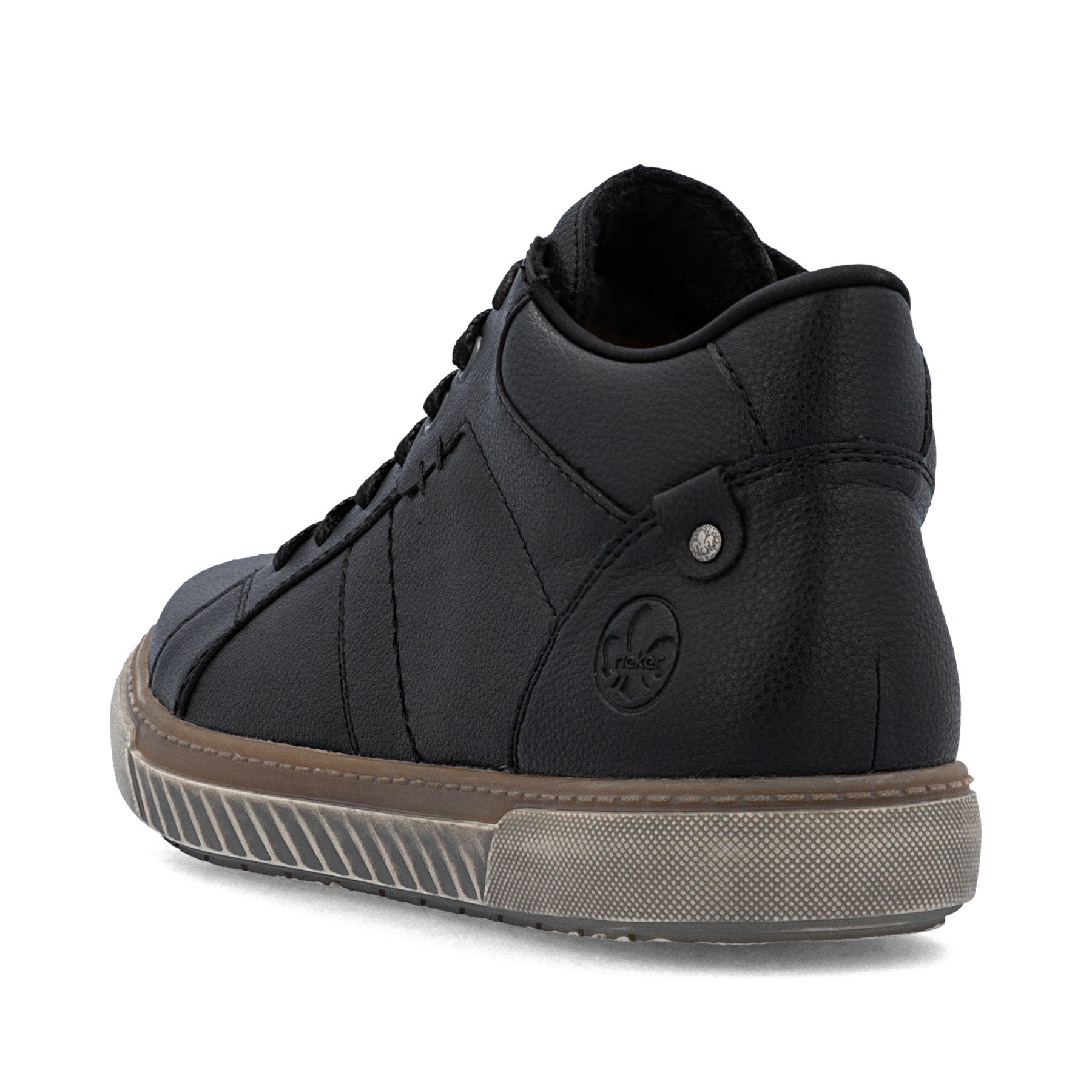 Schwarze Rieker Herren Schnürstiefel 17905-00 aus Glattleder mit Reißverschluss. Schuh von hinten.