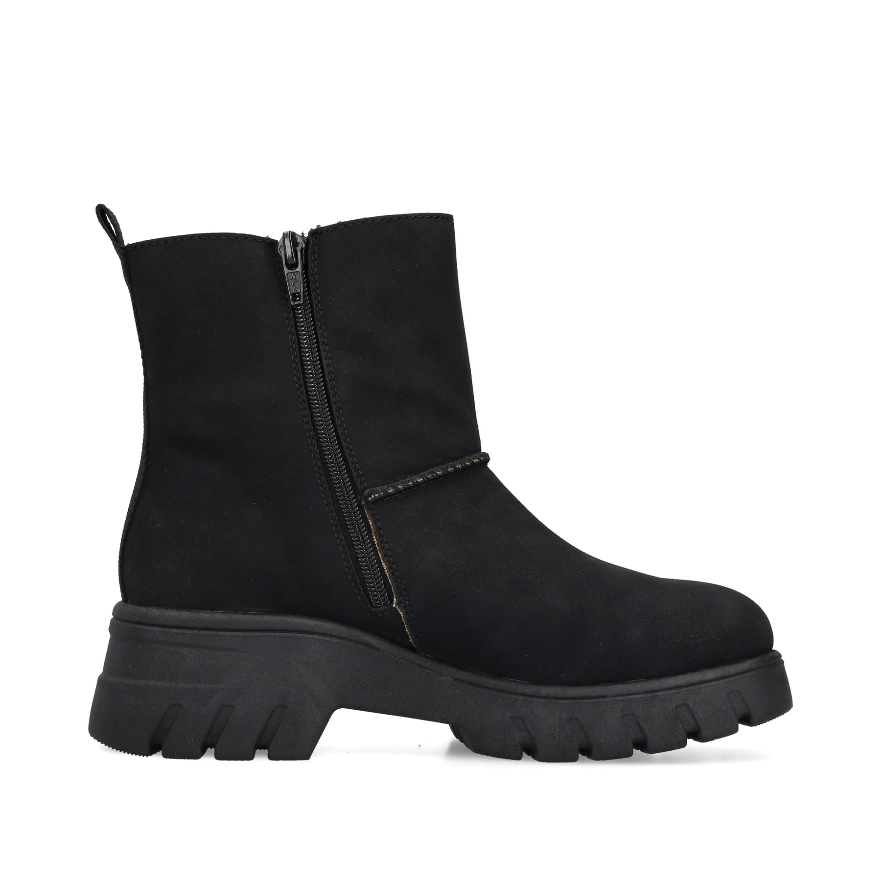 Schwarze Rieker Damen Kurzstiefel 71864-00 mit einem Reißverschluss. Schuh Innenseite.