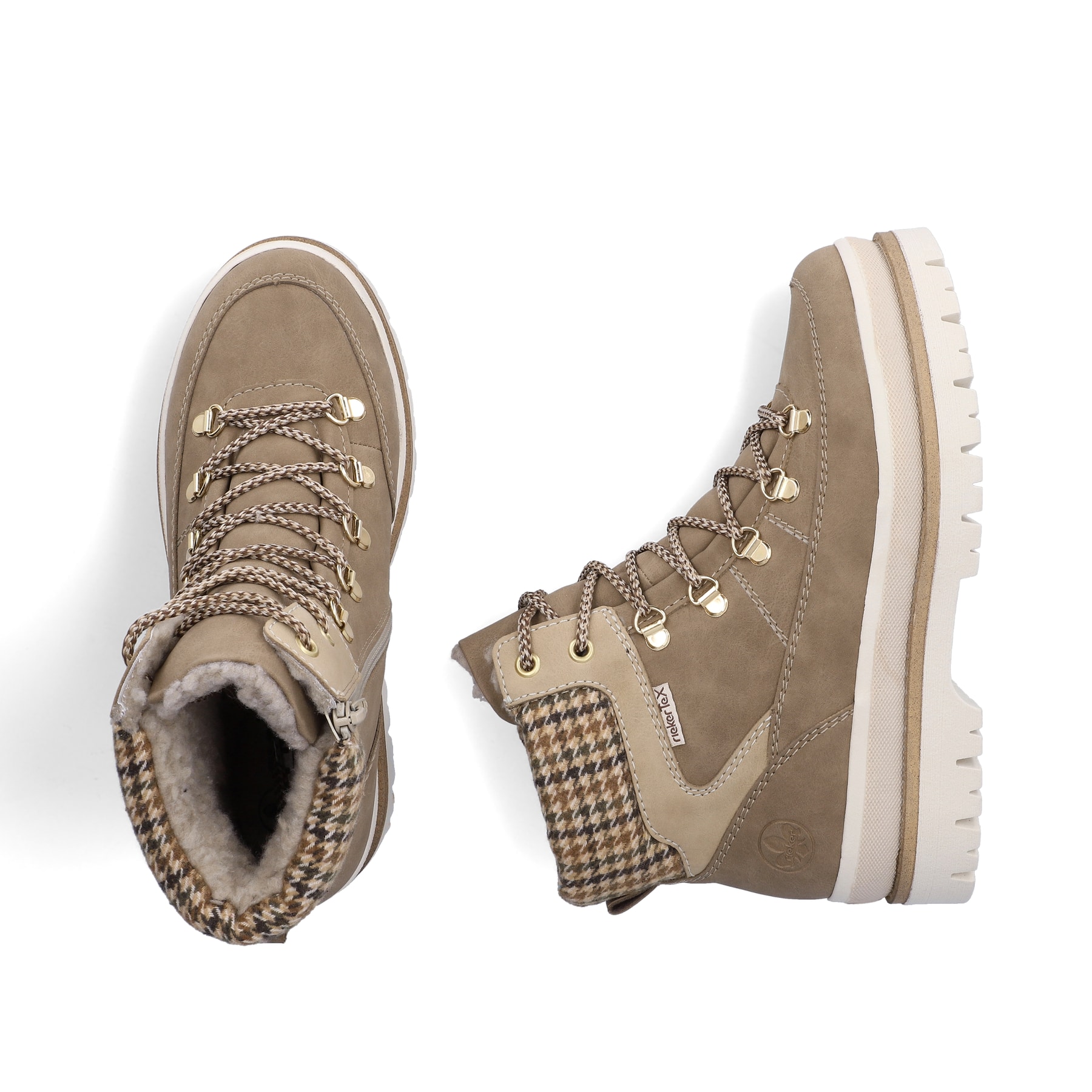 Beige Rieker Damen Schnürstiefel Y6210-64 mit wasserabweisender TEX-Membran. Schuh von oben, liegend.
