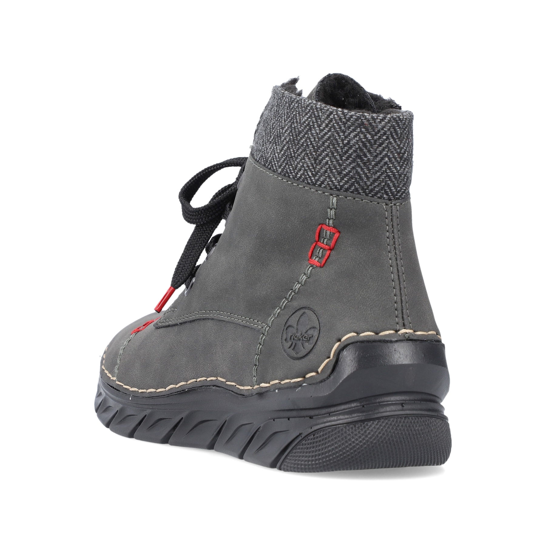 Graue Rieker Damen Schnürstiefel 55031-45 mit einer schockabsorbierenden Sohle. Schuh von hinten