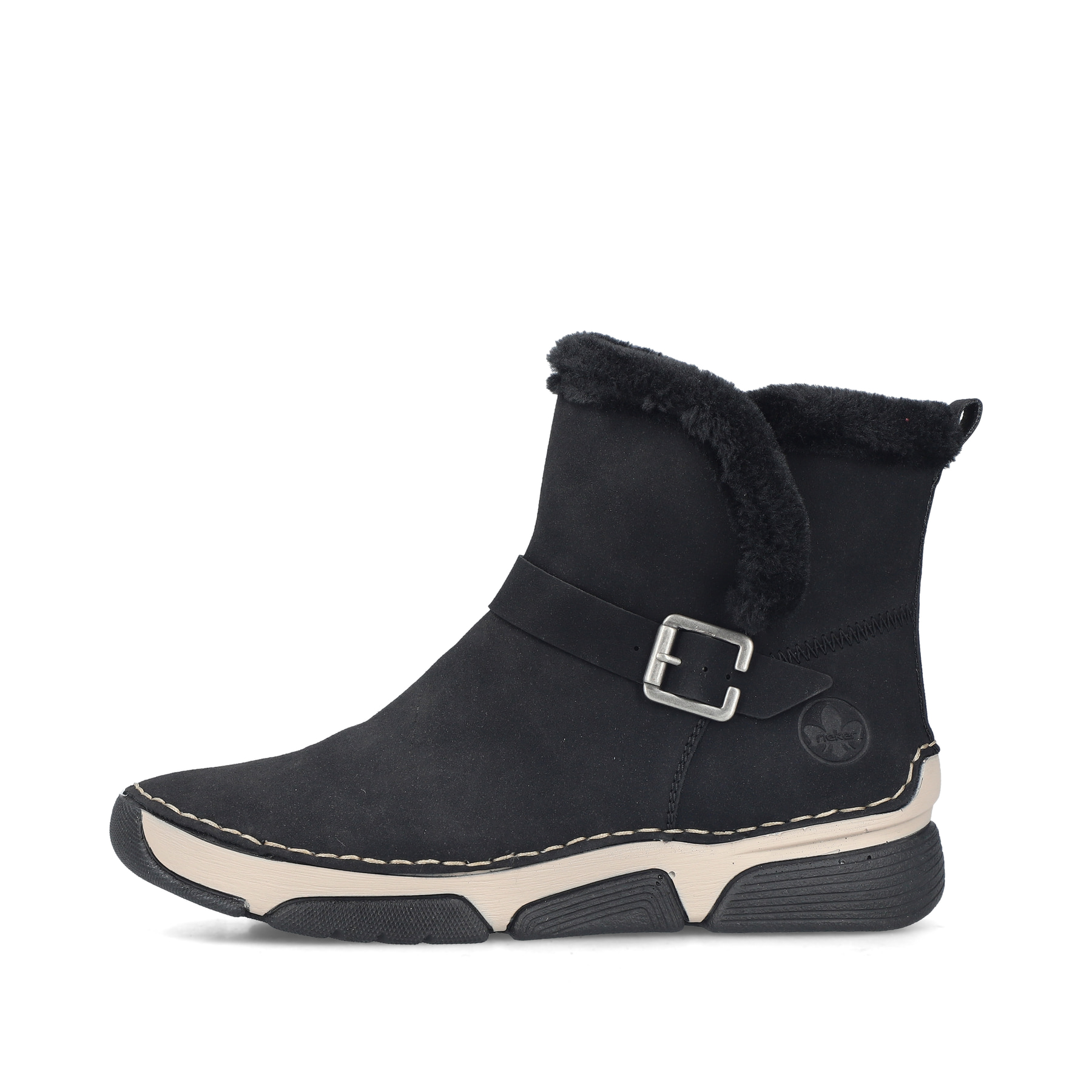 Schwarze Rieker Damen Kurzstiefel 45966-01 mit trendiger Schnalle. Schuh Außenseite.
