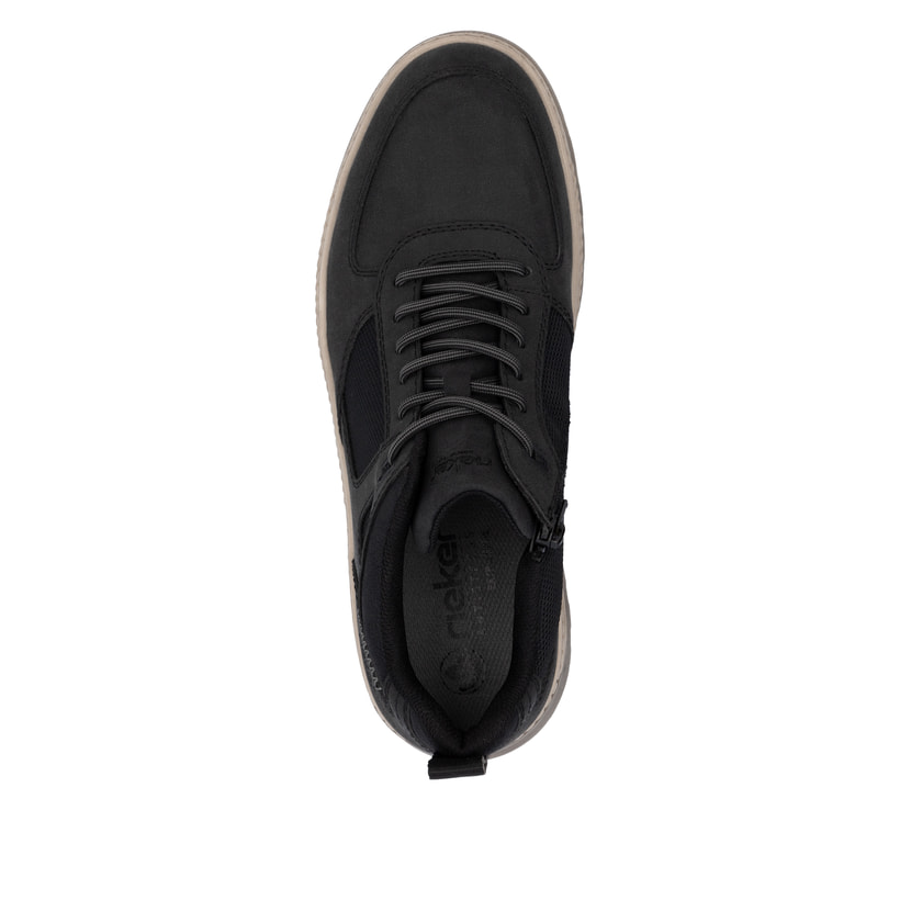 Schwarze Rieker Herren Schnürschuhe 37004-00 mit einem Reißverschluss. Schuh von oben.