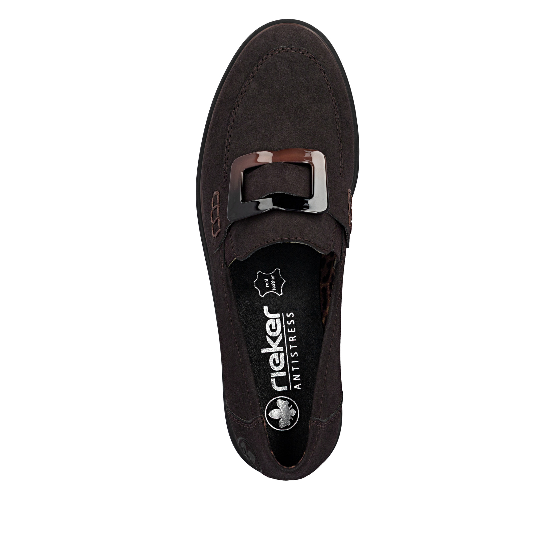 Dunkelbraune Rieker Damen Loafer 45553-25 mit Schmuckelementen sowie Gummizug. Schuh von oben.