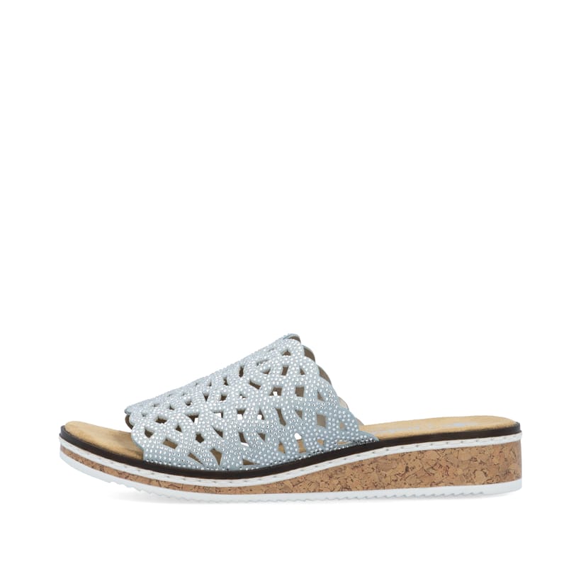 Blaue Rieker Damen Pantoletten V3693-10 mit Strasssteinen sowie leichter Sohle. Schuh Außenseite.