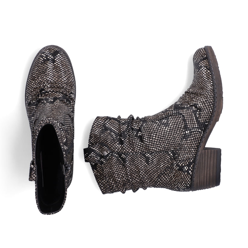 Schwarz-braune Rieker Damen Kurzstiefel 93770-27 mit einem Reißverschluss. Schuh von oben, liegend.
