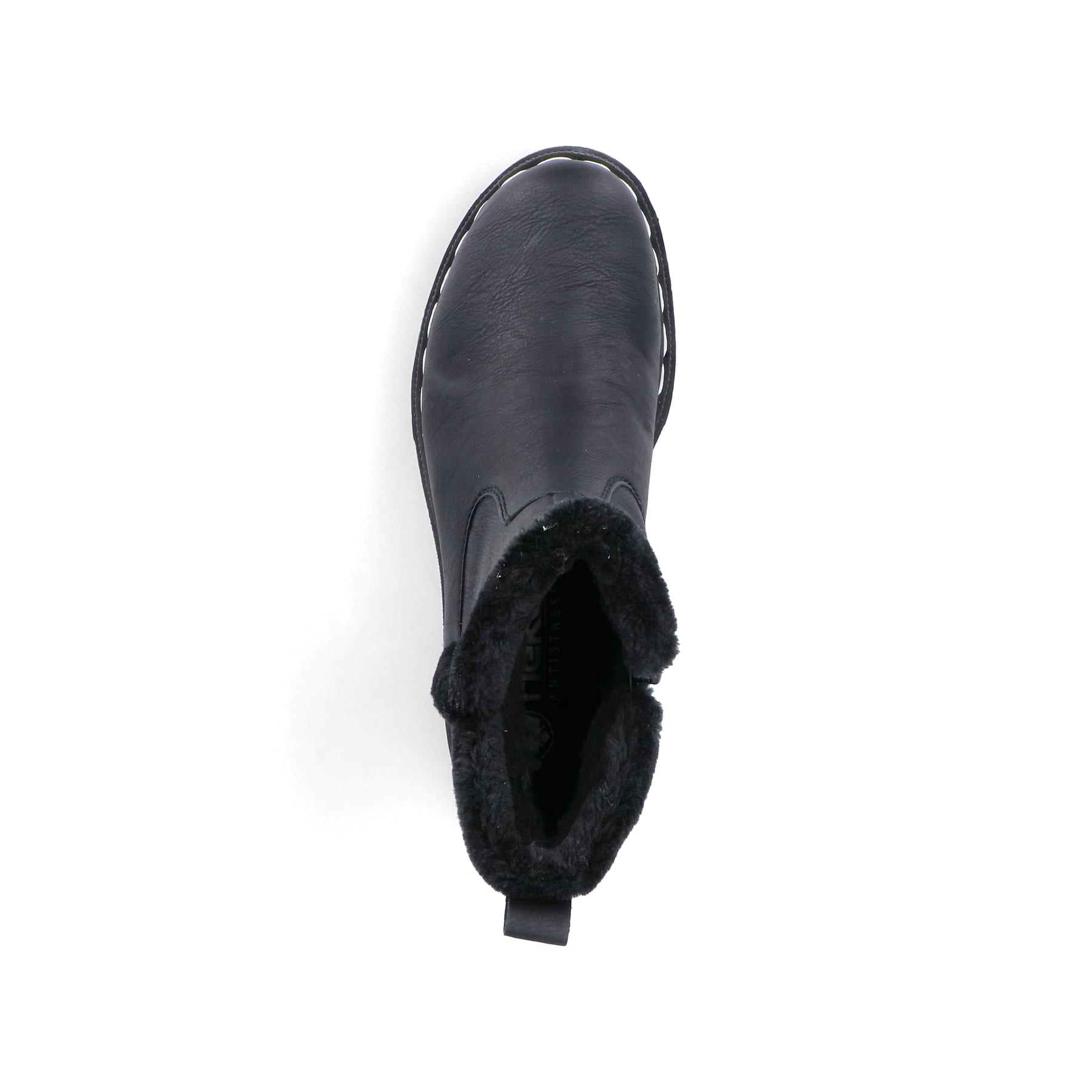 Schwarze Rieker Damen Chelsea Boots 74082-00 mit Fellschaftrand. Schuh von oben.