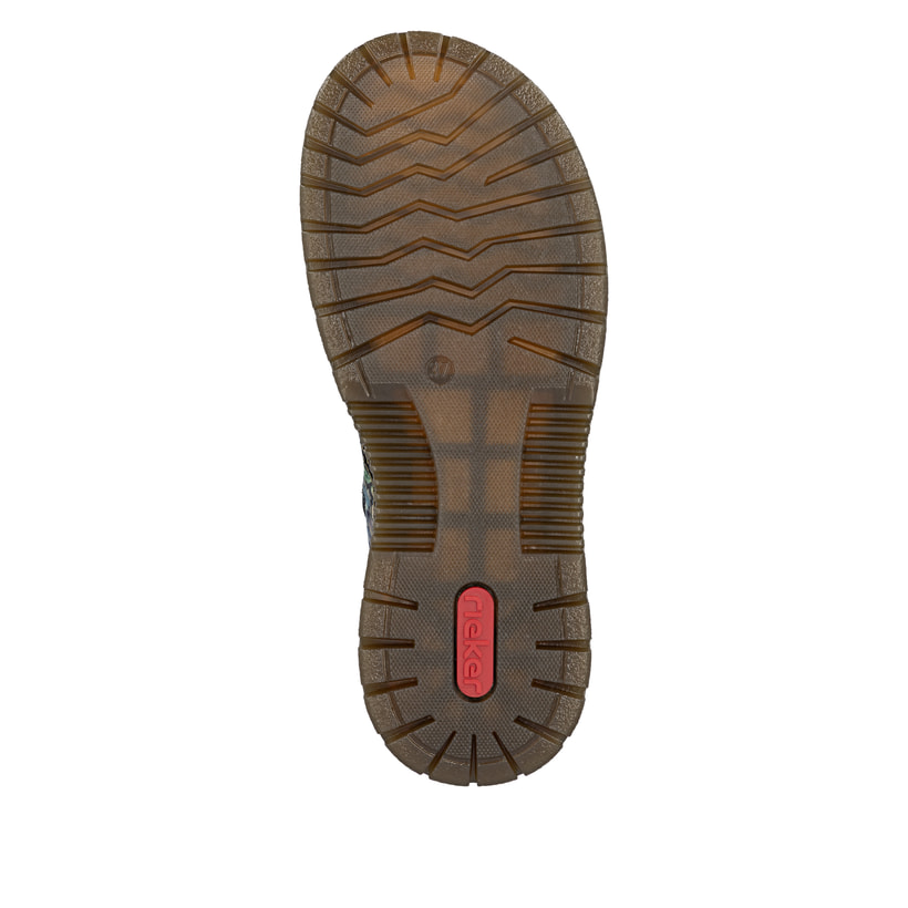 Schwarze Rieker Damen Schnürstiefel 53632-90 mit floralem Aufdruck. Schuh Laufsohle.