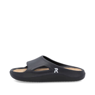 Schwarze Rieker Damen Pantoletten W3350-00 mit flexibler und ultraleichter Sohle. Schuh Außenseite.